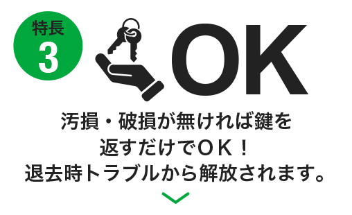 特長3汚損・破損が無ければ鍵を返すだけでＯＫ！