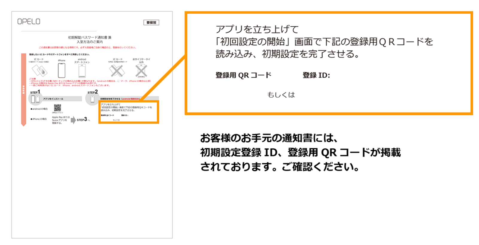 お客様のお手元の通知書には、
初期設定登録ID、登録用QRコードが掲載
されております。ご確認ください。